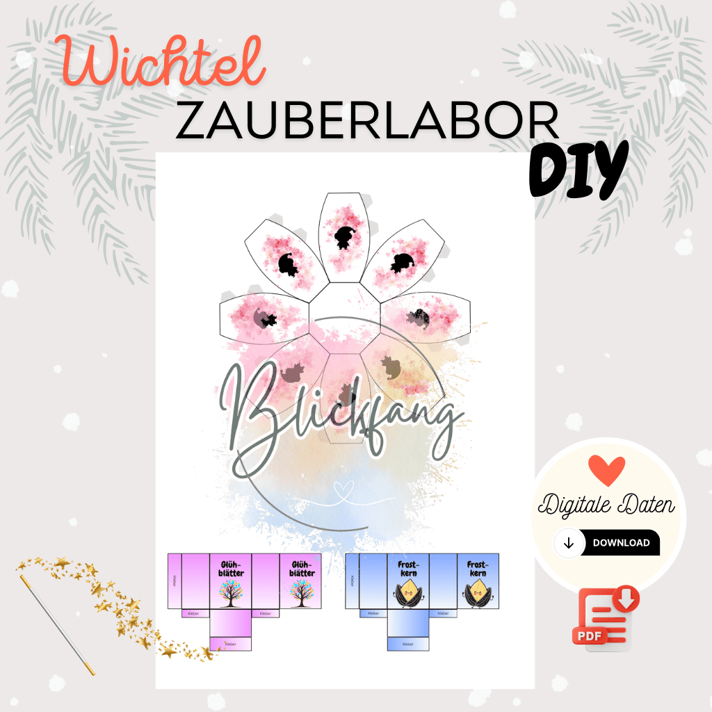 Übersicht des Wichtel Zauberlabor Sets mit Zaubertränken, Kristallen und Etiketten. Enthält Wichtelbriefe, Briefpapier und Zubehör, perfekt für Puppenhaus, Adventskalender und Weihnachtswichtel.
