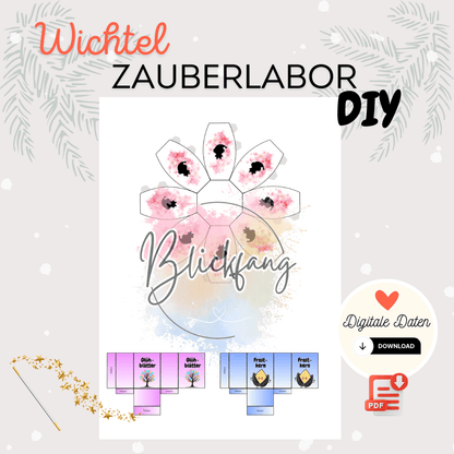 Übersicht des Wichtel Zauberlabor Sets mit Zaubertränken, Kristallen und Etiketten. Enthält Wichtelbriefe, Briefpapier und Zubehör, perfekt für Puppenhaus, Adventskalender und Weihnachtswichtel.