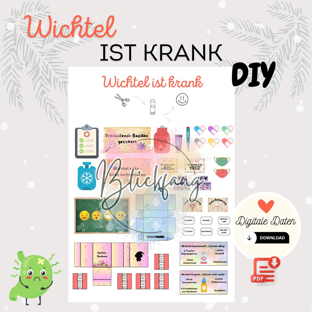 Kreatives Wichtelset „Wichtel ist krank“ mit Bastelvorlagen für Weihnachtswichtel – liebevolles Wichtelzubehör für Puppenhaus und Wichteltür, inklusive Wichtel Briefe und magischem Briefpapier für Weihnachten.