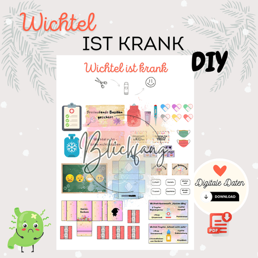 Kreatives Wichtelset „Wichtel ist krank“ mit Bastelvorlagen für Weihnachtswichtel – liebevolles Wichtelzubehör für Puppenhaus und Wichteltür, inklusive Wichtel Briefe und magischem Briefpapier für Weihnachten.
