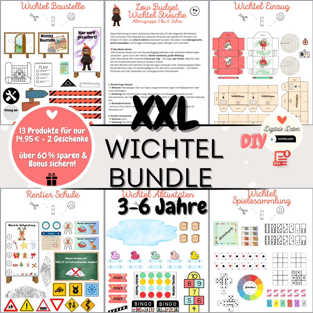 XXL Wichtel Bundle für Weihnachten mit vielen Vorlagen, Wichtelbriefen, Briefpapier und Wichtelzubehör. Perfekt für Puppenhaus, Wichteltür und magische Adventskalender-Sets mit dem Weihnachtswichtel.