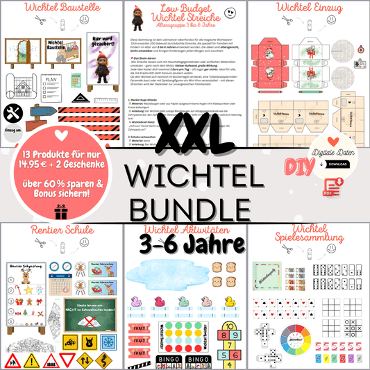XXL Wichtel Bundle für Weihnachten mit vielen Vorlagen, Wichtelbriefen, Briefpapier und Wichtelzubehör. Perfekt für Puppenhaus, Wichteltür und magische Adventskalender-Sets mit dem Weihnachtswichtel.