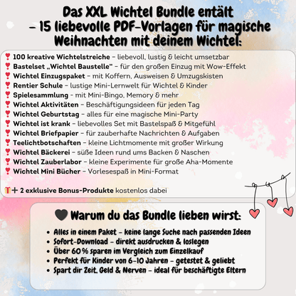 Übersicht des XXL Wichtel Sets – vielfältige Vorlagen, Wichtelbriefe, Briefpapier und Zubehör für Puppenhaus und Adventskalender. Ideal, um Weihnachten magisch mit dem Weihnachtswichtel zu gestalten.