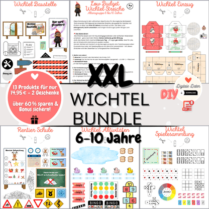 XXL Wichtel Bundle für Weihnachten mit vielen Vorlagen, Wichtelbriefen, Briefpapier und Wichtelzubehör. Perfekt für Puppenhaus, Wichteltür und magische Adventskalender-Sets mit dem Weihnachtswichtel.