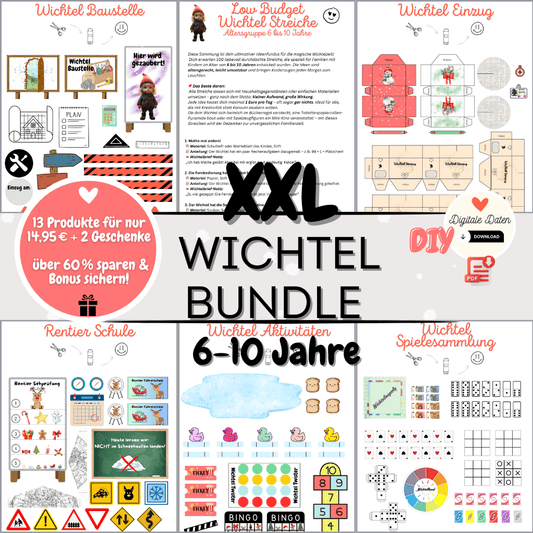 XXL Wichtel Bundle für Weihnachten mit vielen Vorlagen, Wichtelbriefen, Briefpapier und Wichtelzubehör. Perfekt für Puppenhaus, Wichteltür und magische Adventskalender-Sets mit dem Weihnachtswichtel.