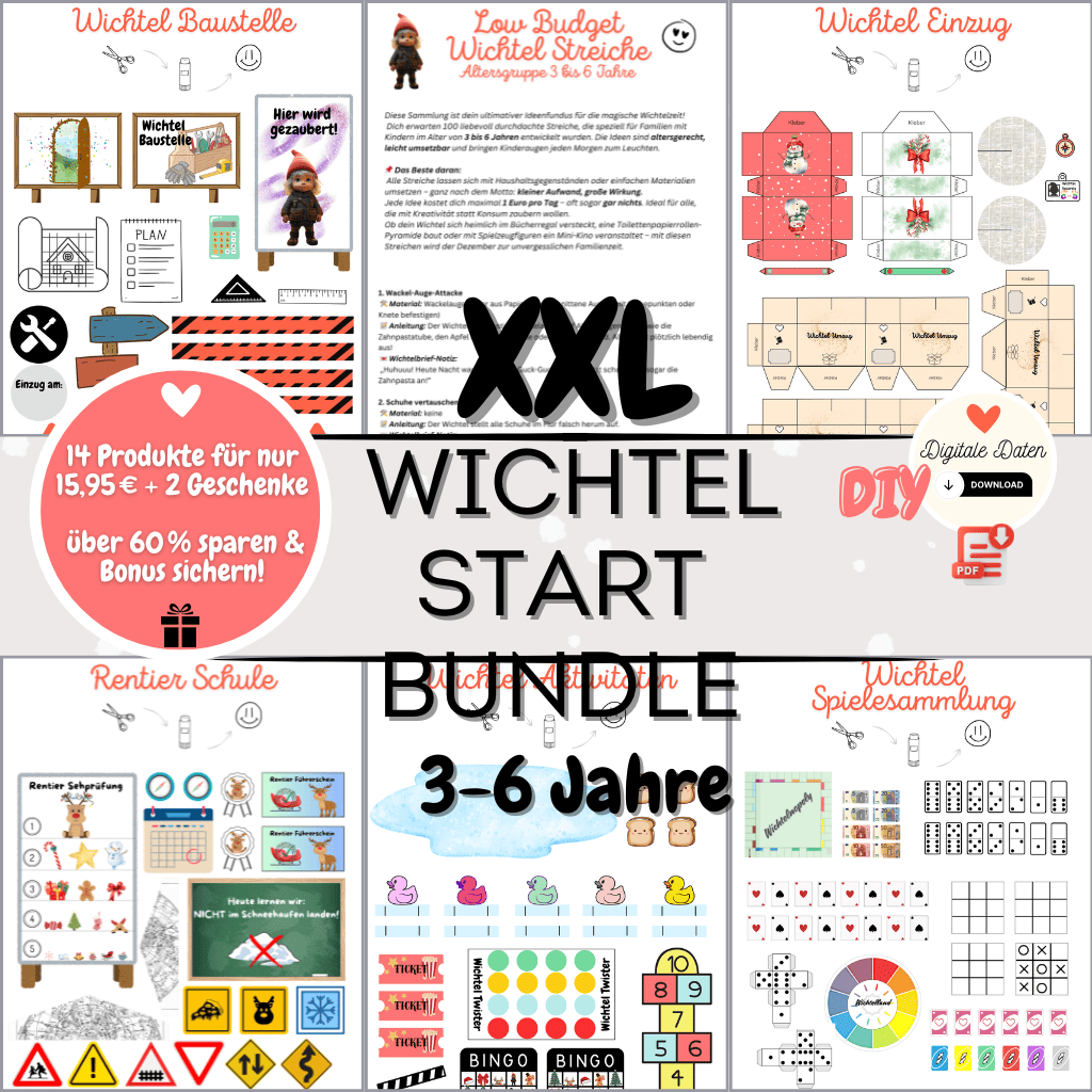 XXL Wichtel Start Bundle mit kreativen Bastelvorlagen für Weihnachten. Enthält Wichtelbriefe, Wichteltür-Ideen, Wichtel Briefpapier, Zubehör für Puppenhaus und Adventskalender. Magisches Wichtelset für Kinder.
