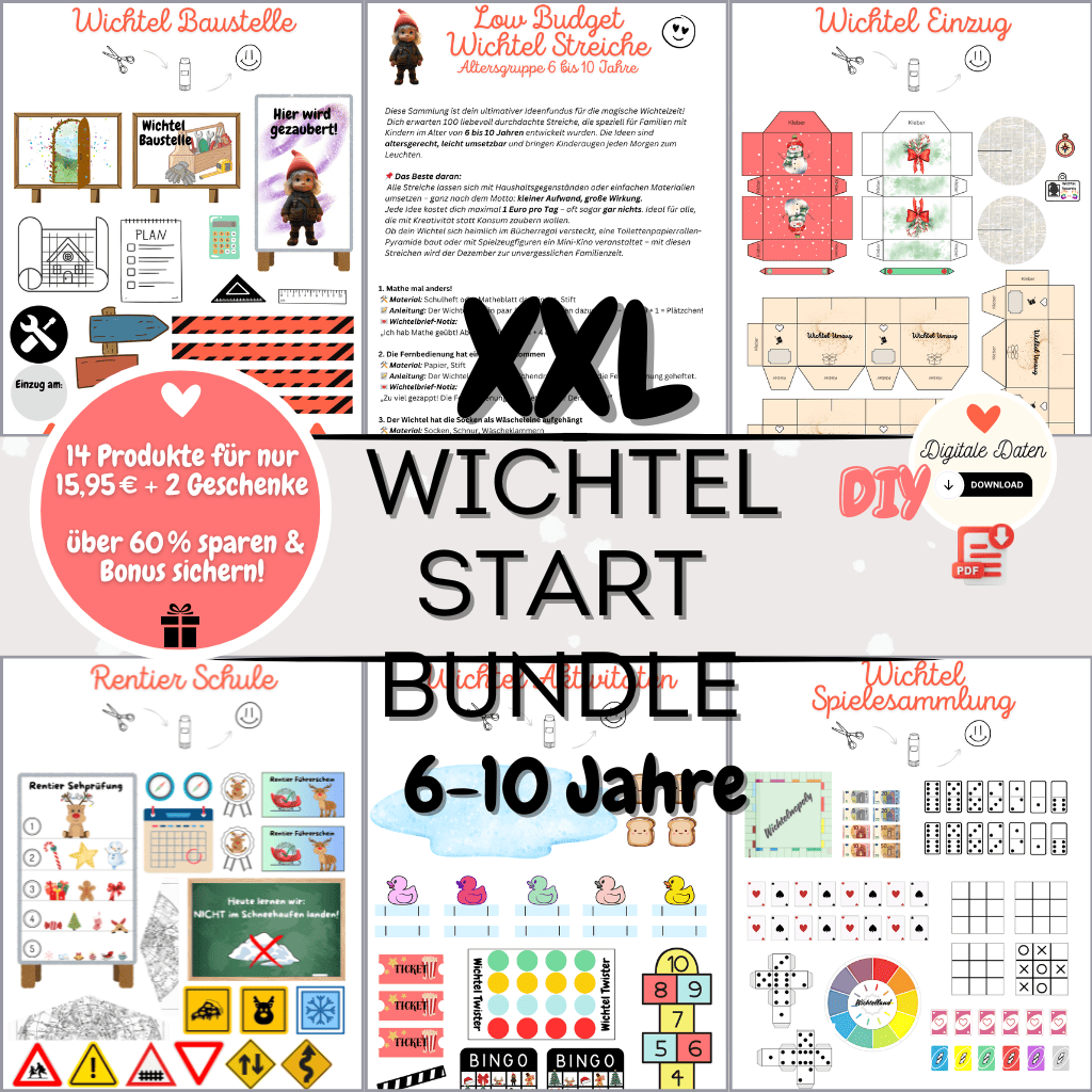 XXL Wichtel Start Bundle mit kreativen Bastelvorlagen für Weihnachten. Enthält Wichtelbriefe, Wichteltür-Ideen, Wichtel Briefpapier, Zubehör für Puppenhaus und Adventskalender. Magisches Wichtelset für Kinder.