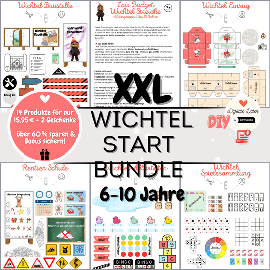 XXL Wichtel Start Bundle mit kreativen Bastelvorlagen für Weihnachten. Enthält Wichtelbriefe, Wichteltür-Ideen, Wichtel Briefpapier, Zubehör für Puppenhaus und Adventskalender. Magisches Wichtelset für Kinder.