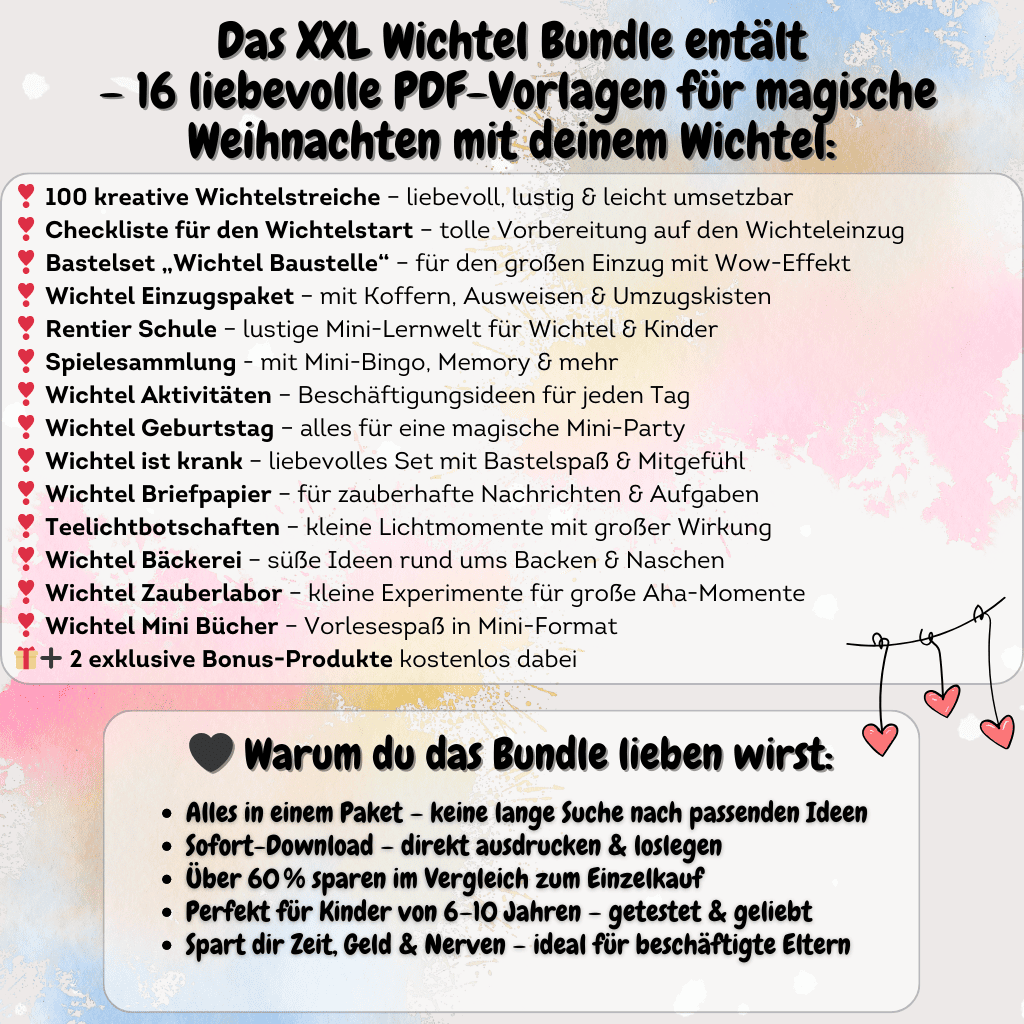 Übersicht des Wichtelsets mit allen enthaltenen Vorlagen. Ideal für kreative Familienmomente zu Weihnachten mit Weihnachtswichteln, Wichtelzubehör und Briefen für die Wichteltür.