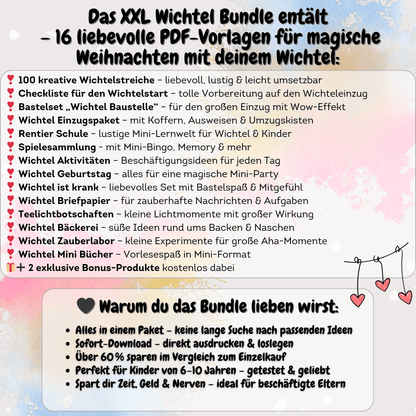 Übersicht des Wichtelsets mit allen enthaltenen Vorlagen. Ideal für kreative Familienmomente zu Weihnachten mit Weihnachtswichteln, Wichtelzubehör und Briefen für die Wichteltür.