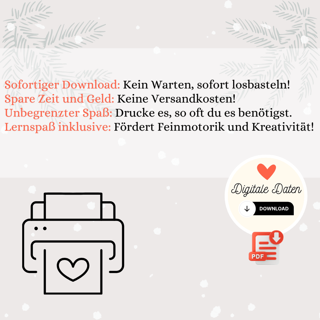 Grafik mit Vorteilen digitaler Wichtel-Downloads: Sofortiger Download, unbegrenzter Druck, keine Versandkosten, fördert Kreativität – perfekt für Kinder und Familien.
