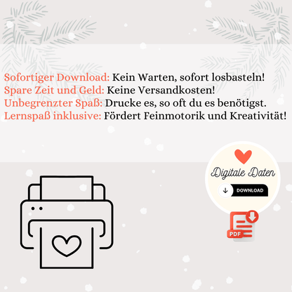 Grafik mit Vorteilen digitaler Wichtel-Downloads: Sofortiger Download, unbegrenzter Druck, keine Versandkosten, fördert Kreativität – perfekt für Kinder und Familien.