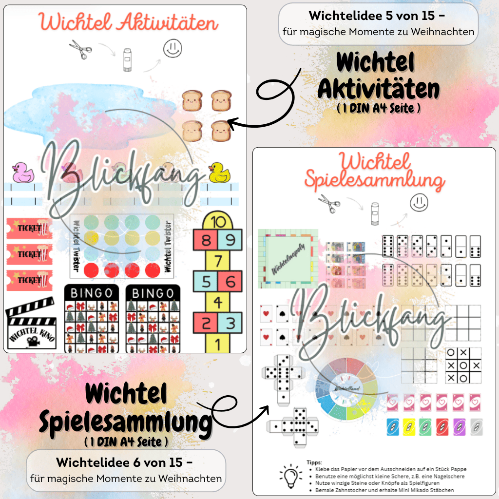 Spielerische Aktivitäten aus dem XXL Wichtel Bundle: Bastelideen, Wichtelbriefe, Briefpapier und Zubehör. Perfekt für Puppenhaus, Adventskalender und magische Szenen mit der Wichteltür.