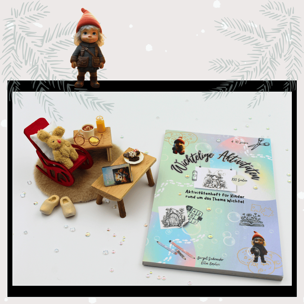 Ein liebevoll gestaltetes Wichtel-Aktivitätenheft liegt neben einer Puppenhaus-Szene mit Schaukelstuhl, Holzschuhen und Miniatur-Tisch. Das Wichtelset bringt Magie und Weihnachtsstimmung ins Kinderzimmer, perfekt als Ergänzung für Adventskalender, Wichtelzubehör und kreative Wichtelbriefe.