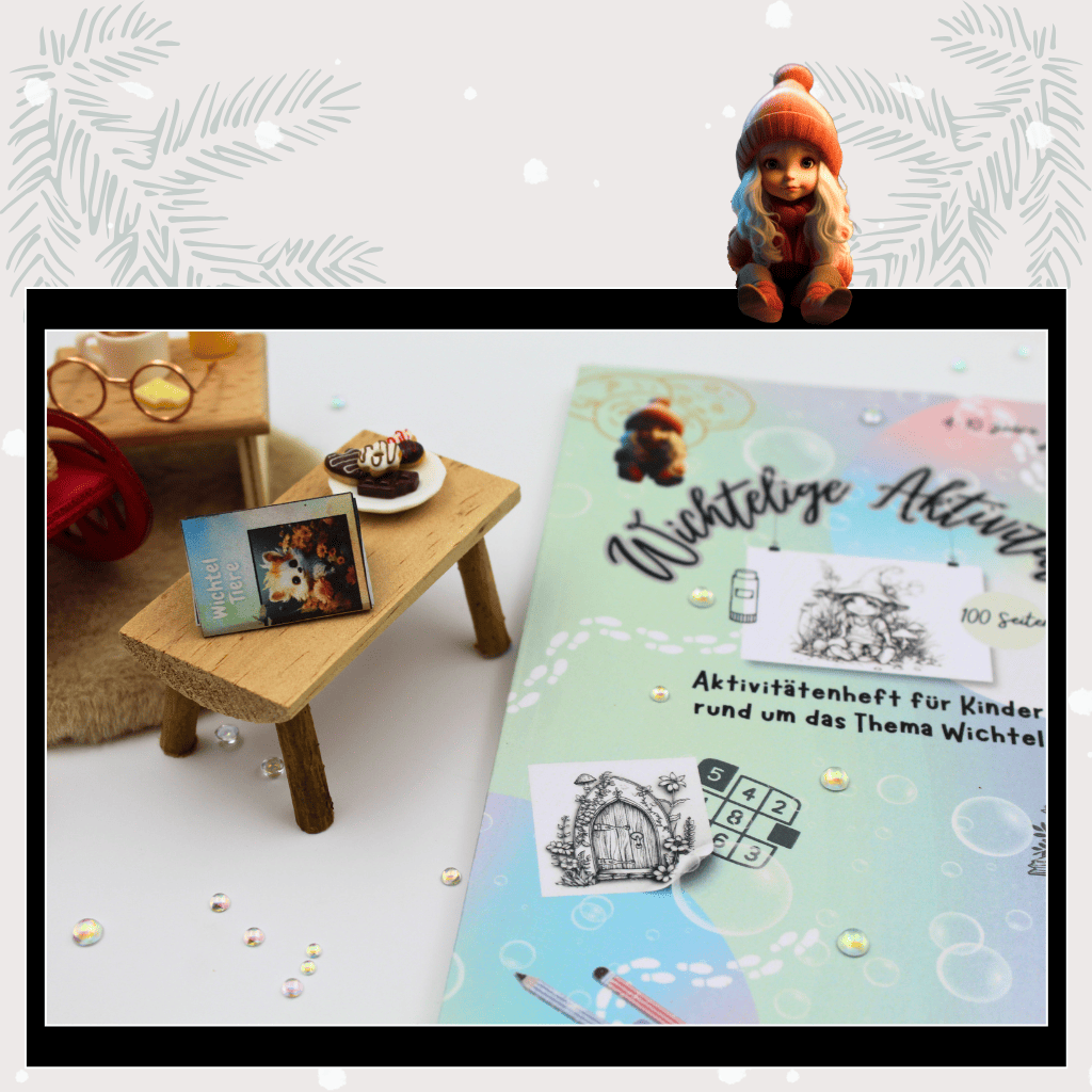 Detailaufnahme des Wichtel-Aktivitätenhefts mit buntem Cover, daneben ein Miniaturtisch aus dem Puppenhaus mit winzigem Wichtel-Buch und süßen Naschereien. Das Weihnachtswichtel-Set vermittelt Fantasie, Magie und Spaß rund um die Wichteltür und inspiriert Kinder zu eigenen Wichtel Briefen.