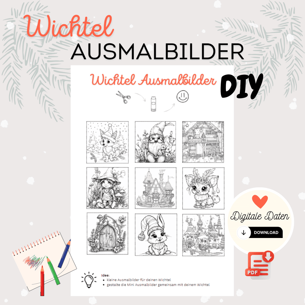 Titelbild der digitalen Bastelvorlage „Wichtel Ausmalbilder“ mit neun niedlichen Wichtel-Motiven zum Ausmalen – als PDF zum Ausdrucken für Kinder, DIY-Ideen und kreative Wichtelzeit.