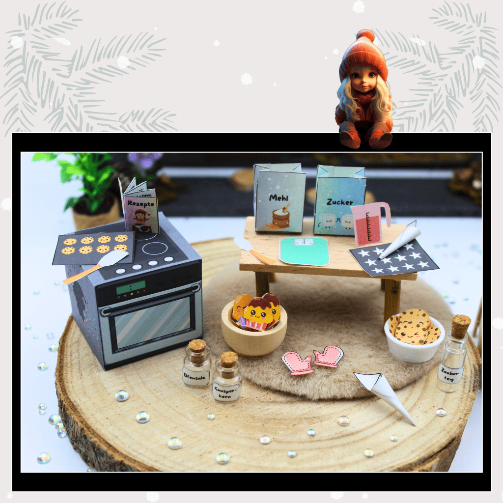 Eine kleine Wichtel Backstube mit Puppenhaus-Charme: Miniatur-Ofen mit frisch gebackenen Keksen, Schüsseln, Backzubehör und Wichtel Briefpapier für kreative Überraschungen. Dieses Wichtelset bringt Weihnachtswichtel Magie direkt ins Zuhause und ergänzt Adventskalender und Wichtel Briefe wunderbar.