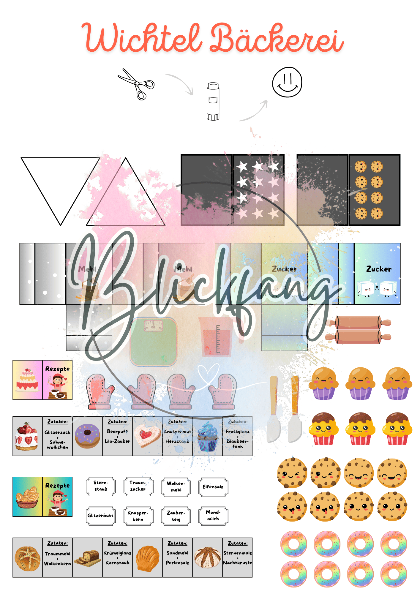 Komplettes DIY Wichtelset „Wichtel Bäckerei“ mit vielen Vorlagen und Zubehör. Enthält Wichtel Briefe, Briefpapier und kreative Deko für Puppenhaus, Adventskalender und die magische Wichteltür.