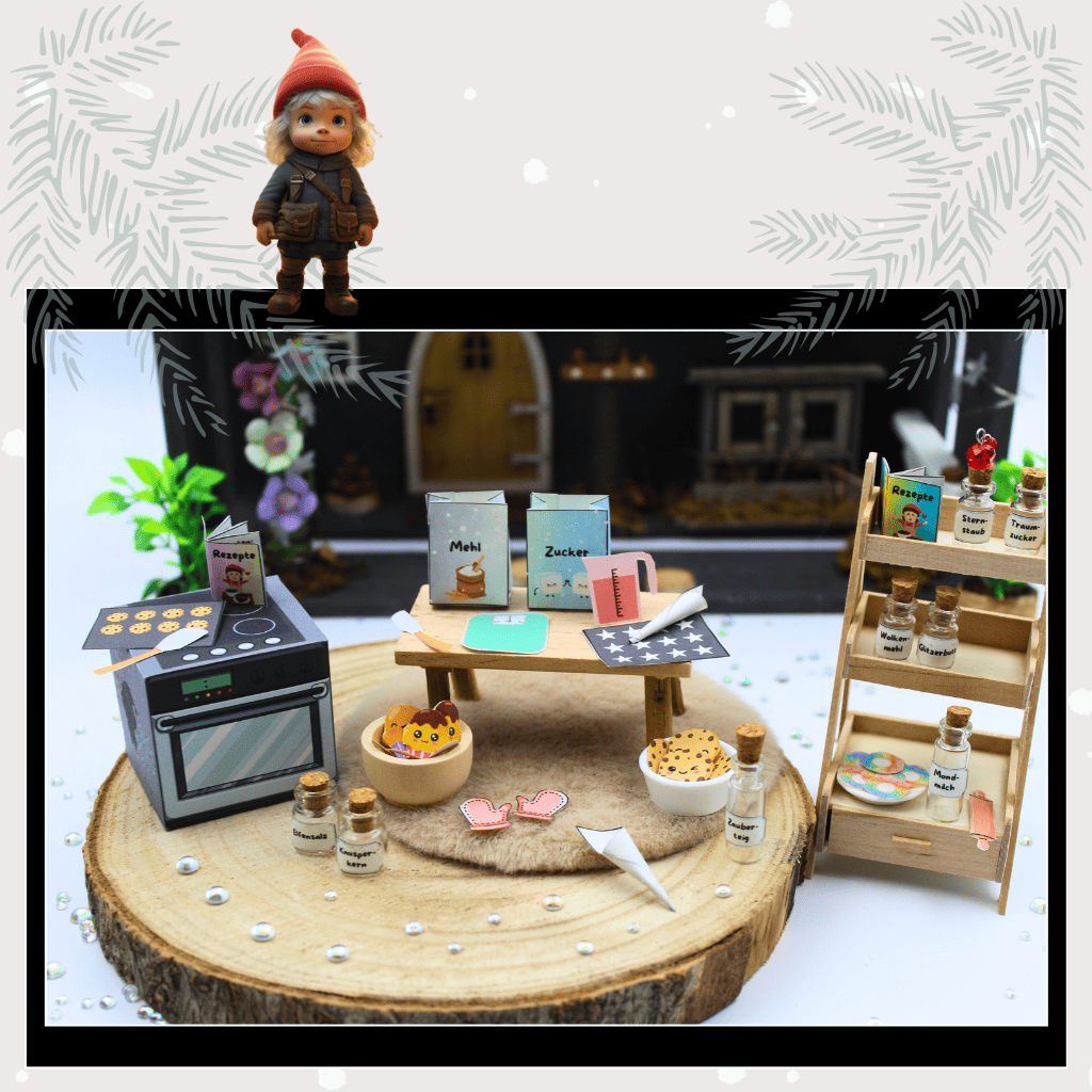 Ein detailreich gestaltetes Wichtelset zeigt eine magische Wichtelbäckerei im Puppenhaus-Stil: winzige Backzutaten wie Mehl, Zucker und Wichtelzubehör stehen auf einem Holztisch, daneben Ofen, Schüsseln und Rezepte. Perfekt für Weihnachten, Adventskalender und liebevolle Wichtelbriefe voller Magie hinter der Wichteltür.