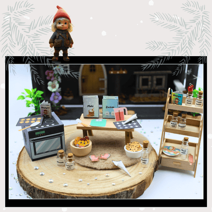 Ein detailreich gestaltetes Wichtelset zeigt eine magische Wichtelbäckerei im Puppenhaus-Stil: winzige Backzutaten wie Mehl, Zucker und Wichtelzubehör stehen auf einem Holztisch, daneben Ofen, Schüsseln und Rezepte. Perfekt für Weihnachten, Adventskalender und liebevolle Wichtelbriefe voller Magie hinter der Wichteltür.