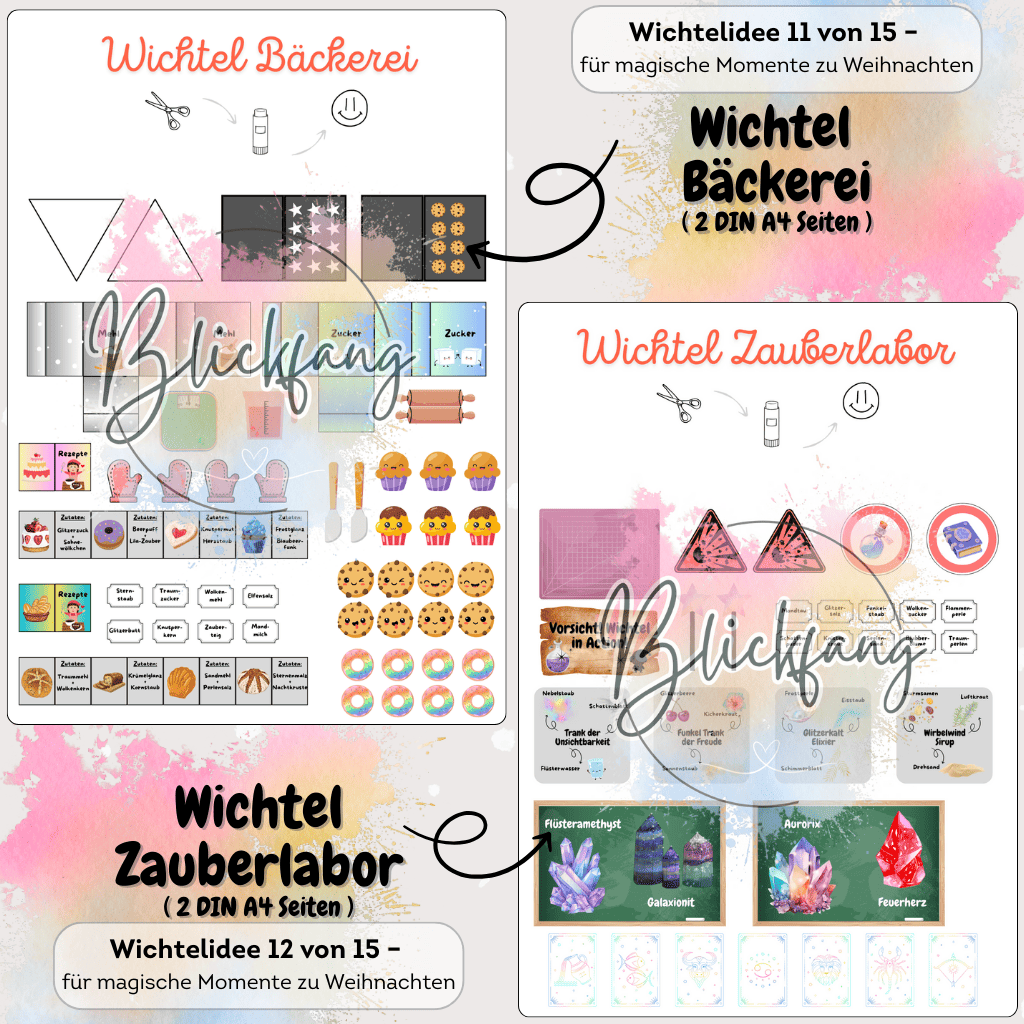 DIY Wichtel Bäckerei Set mit Etiketten, Verpackungen, Wichtelbriefen und Zubehör. Ideal für Puppenhaus, Adventskalender und Weihnachten mit dem Weihnachtswichtel. Zauberlabor für den Weihnachtswichtel mit Kristallen, Zaubertränken und Wichtelbriefen.