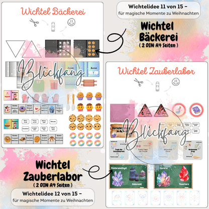 DIY Wichtel Bäckerei Set mit Etiketten, Verpackungen, Wichtelbriefen und Zubehör. Ideal für Puppenhaus, Adventskalender und Weihnachten mit dem Weihnachtswichtel. Zauberlabor für den Weihnachtswichtel mit Kristallen, Zaubertränken und Wichtelbriefen.