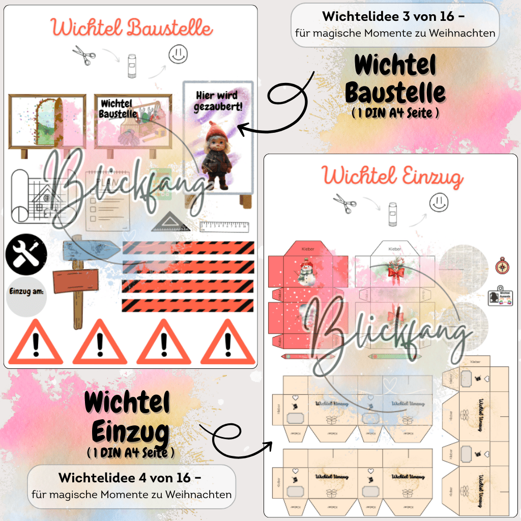 Bastelvorlagen und Deko für den Einzug des Wichtels durch die kleine Wichteltür. Mit Puppenhaus-Elementen, Wichtelzubehör und Briefen für ein magisches Weihnachtsfest.