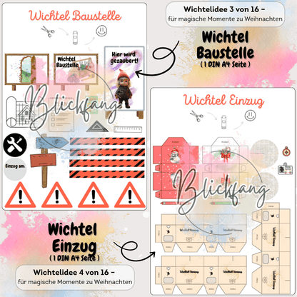 Bastelvorlagen und Deko für den Einzug des Wichtels durch die kleine Wichteltür. Mit Puppenhaus-Elementen, Wichtelzubehör und Briefen für ein magisches Weihnachtsfest.