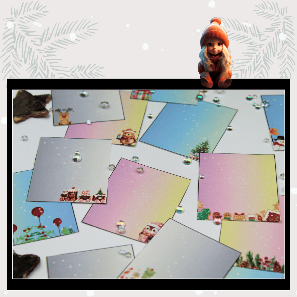 Detailaufnahme von zauberhaftem Wichtel Briefpapier mit weihnachtlichen Motiven, ideal für Wichtelbriefe, Adventskalender und magische Überraschungen im Puppenhaus. Die bunten Designs schaffen festliche Magie und passen perfekt zu jeder Wichteltür und jedem Wichtelset.