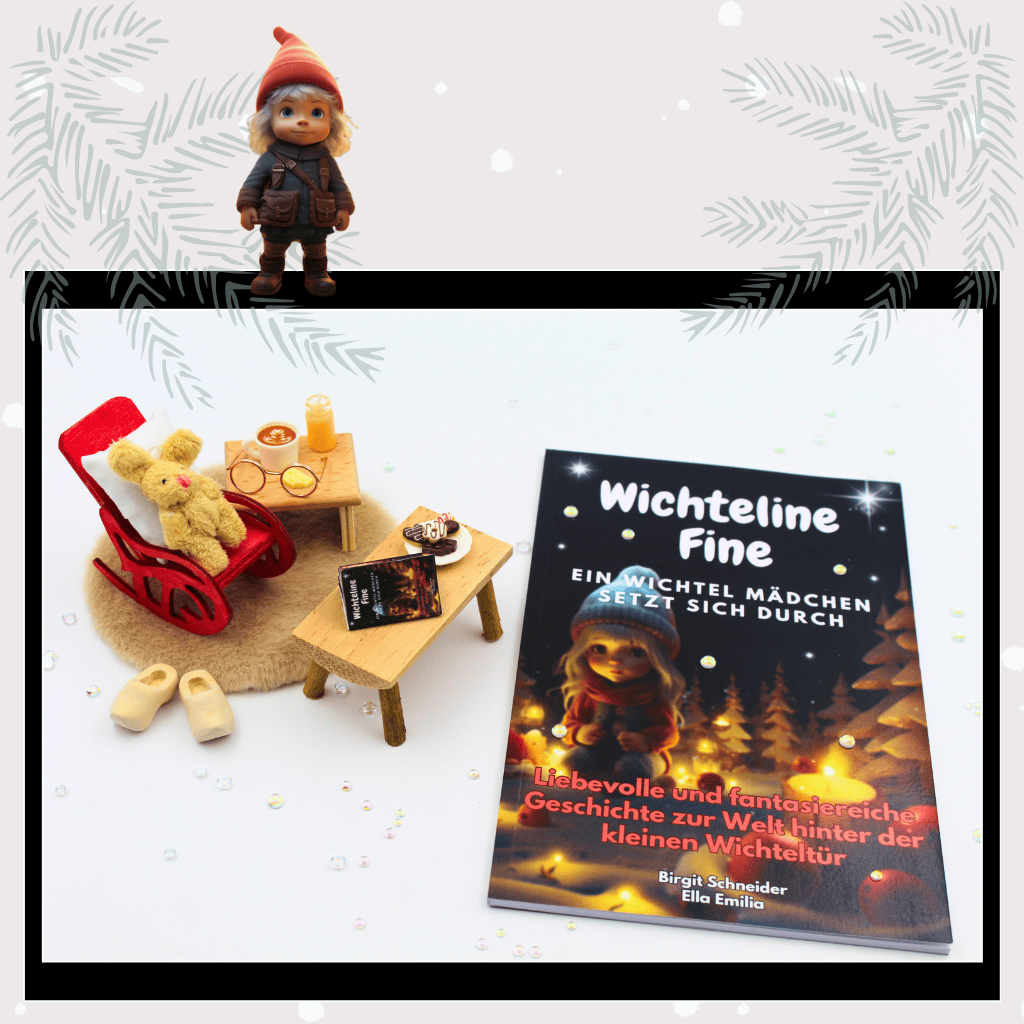 Wichtel Puppenhaus Szene mit dem Buch „Wichteline Fine“. Ein liebevoll gestaltetes Wichtelset zeigt einen roten Schaukelstuhl mit Häschen, einen kleinen Holztisch mit Miniaturbuch, Schokolade und Kerze sowie das große Buch „Wichteline Fine“ daneben. Perfektes Wichtelzubehör für Weihnachten, Magie hinter der Wichteltür, als Adventskalender-Idee oder Geschenk mit Wichtel Briefpapier und Wichtelbriefen.