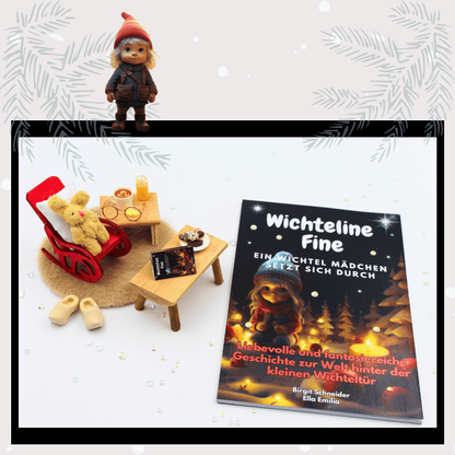 Wichtel Puppenhaus Szene mit dem Buch „Wichteline Fine“. Ein liebevoll gestaltetes Wichtelset zeigt einen roten Schaukelstuhl mit Häschen, einen kleinen Holztisch mit Miniaturbuch, Schokolade und Kerze sowie das große Buch „Wichteline Fine“ daneben. Perfektes Wichtelzubehör für Weihnachten, Magie hinter der Wichteltür, als Adventskalender-Idee oder Geschenk mit Wichtel Briefpapier und Wichtelbriefen.