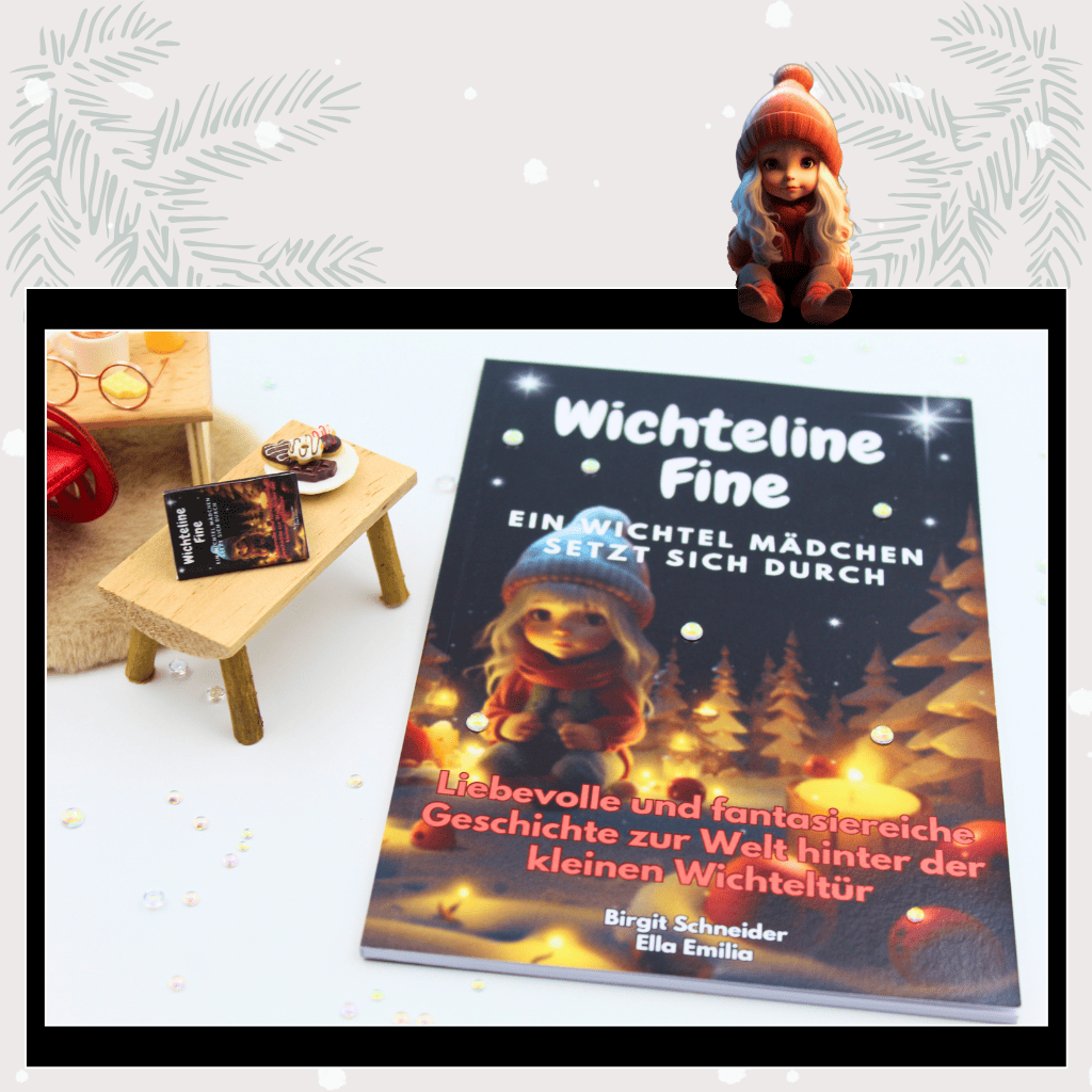 Detailansicht vom Wichtel Kinderbuch „Wichteline Fine“ neben einem Puppenhaus-Tisch mit Miniaturbuch und Süßigkeiten. Die Szene vermittelt Magie und Weihnachtszauber, ideal für Weihnachtswichtel, Adventskalender, Wichtel Sets, Wichtelzubehör und kreative Wichtel Briefe mit passendem Briefpapier.