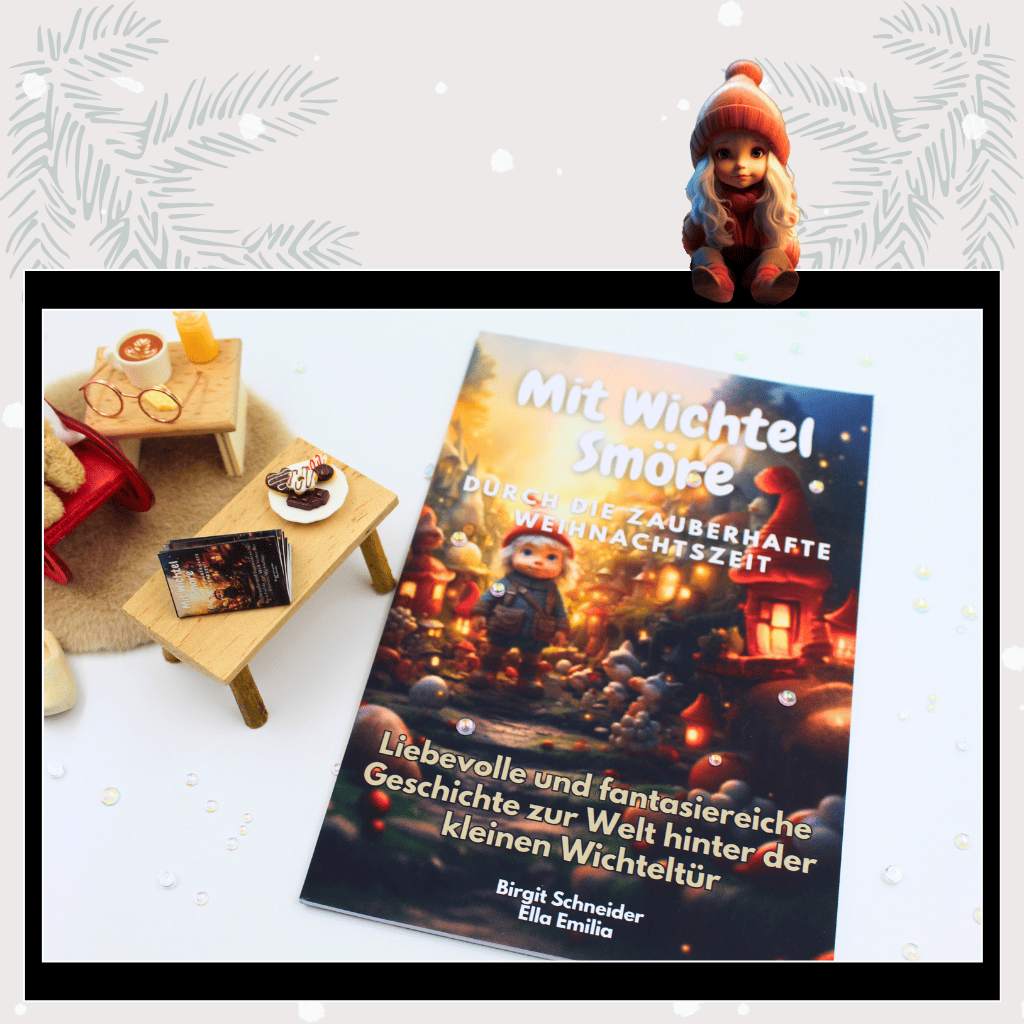 Detailaufnahme eines festlichen Puppenhaus-Arrangements: Das Wichtel Kinderbuch „Mit Wichtel Smöre“ liegt neben Miniaturmöbeln, Schokolade und einer Kerze. Ideal als magisches Wichtelset für die Adventszeit, um Weihnachtswichtel-Geschichten lebendig werden zu lassen. Bringt Magie in die Wichteltür-Tradition und passt wunderbar zu Wichtelbriefen, Adventskalendern und kreativem Wichtelzubehör.