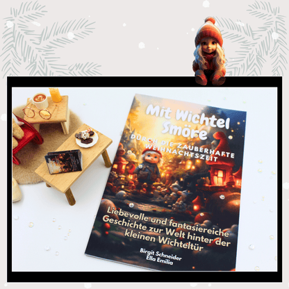 Detailaufnahme eines festlichen Puppenhaus-Arrangements: Das Wichtel Kinderbuch „Mit Wichtel Smöre“ liegt neben Miniaturmöbeln, Schokolade und einer Kerze. Ideal als magisches Wichtelset für die Adventszeit, um Weihnachtswichtel-Geschichten lebendig werden zu lassen. Bringt Magie in die Wichteltür-Tradition und passt wunderbar zu Wichtelbriefen, Adventskalendern und kreativem Wichtelzubehör.