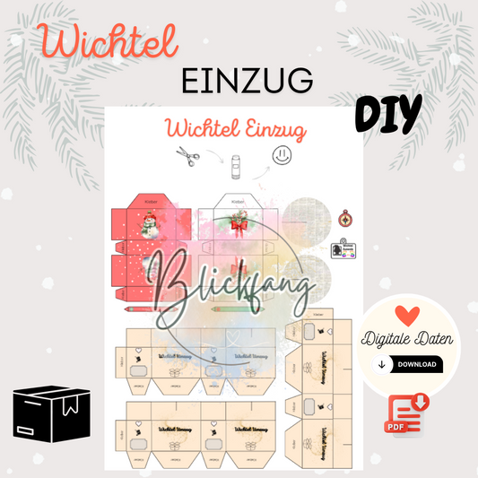 Wichtel Einzug DIY Bastelset – digitale Vorlage für den Wichtelumzug mit liebevoll gestalteten Umzugskartons zum Ausdrucken und Basteln. Ideal für den Start in die Wichtelzeit. PDF zum Download, winterliches Design mit Schneemann, Schleifen und Symbolen.