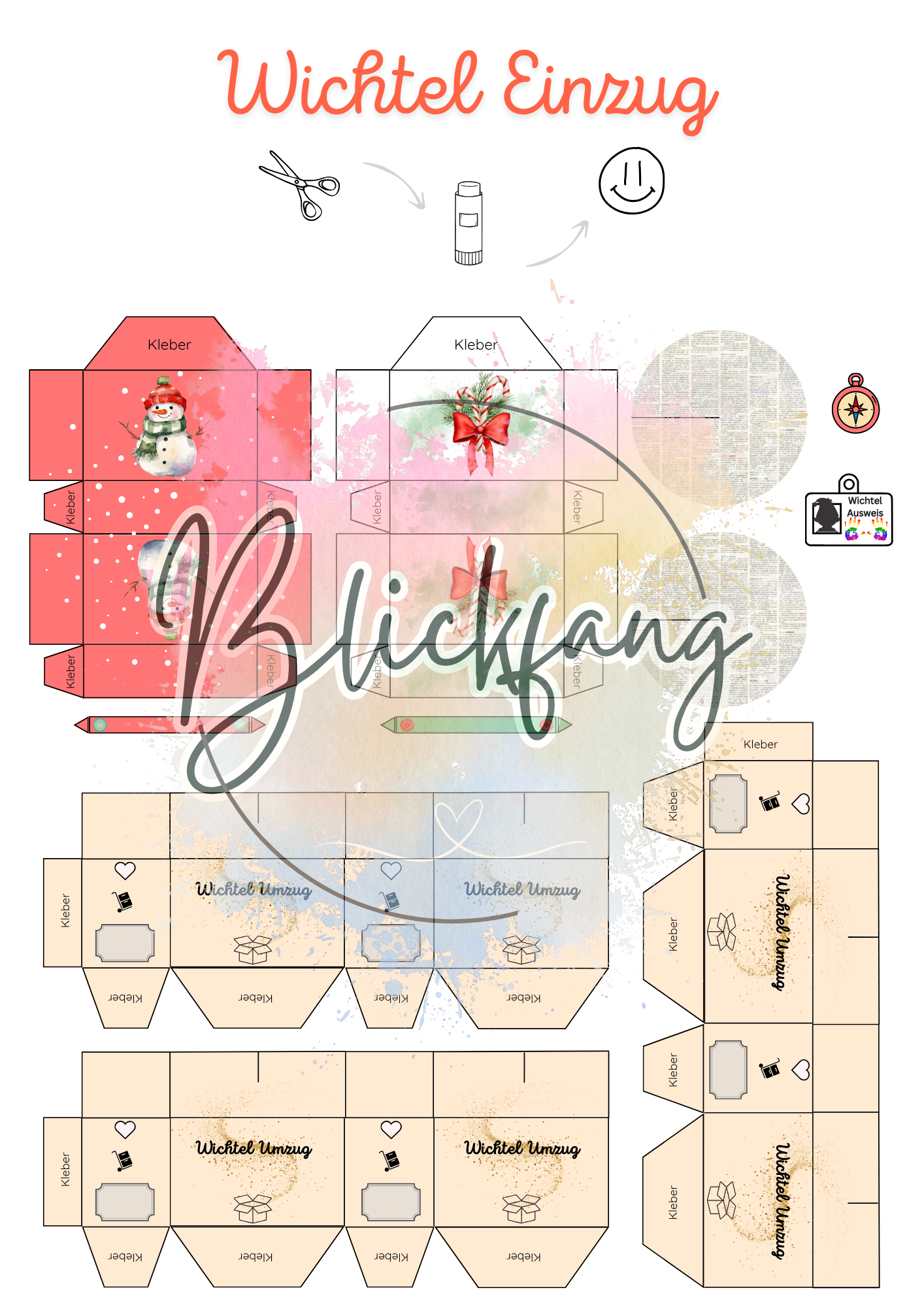 Detailansicht der Bastelbögen aus dem Wichtel Einzug Set – mehrere Umzugskisten mit winterlichem Design, Deko Elementen und Etiketten zum Ausschneiden. Perfekt für den kreativen Einstieg in die Wichtelwelt.