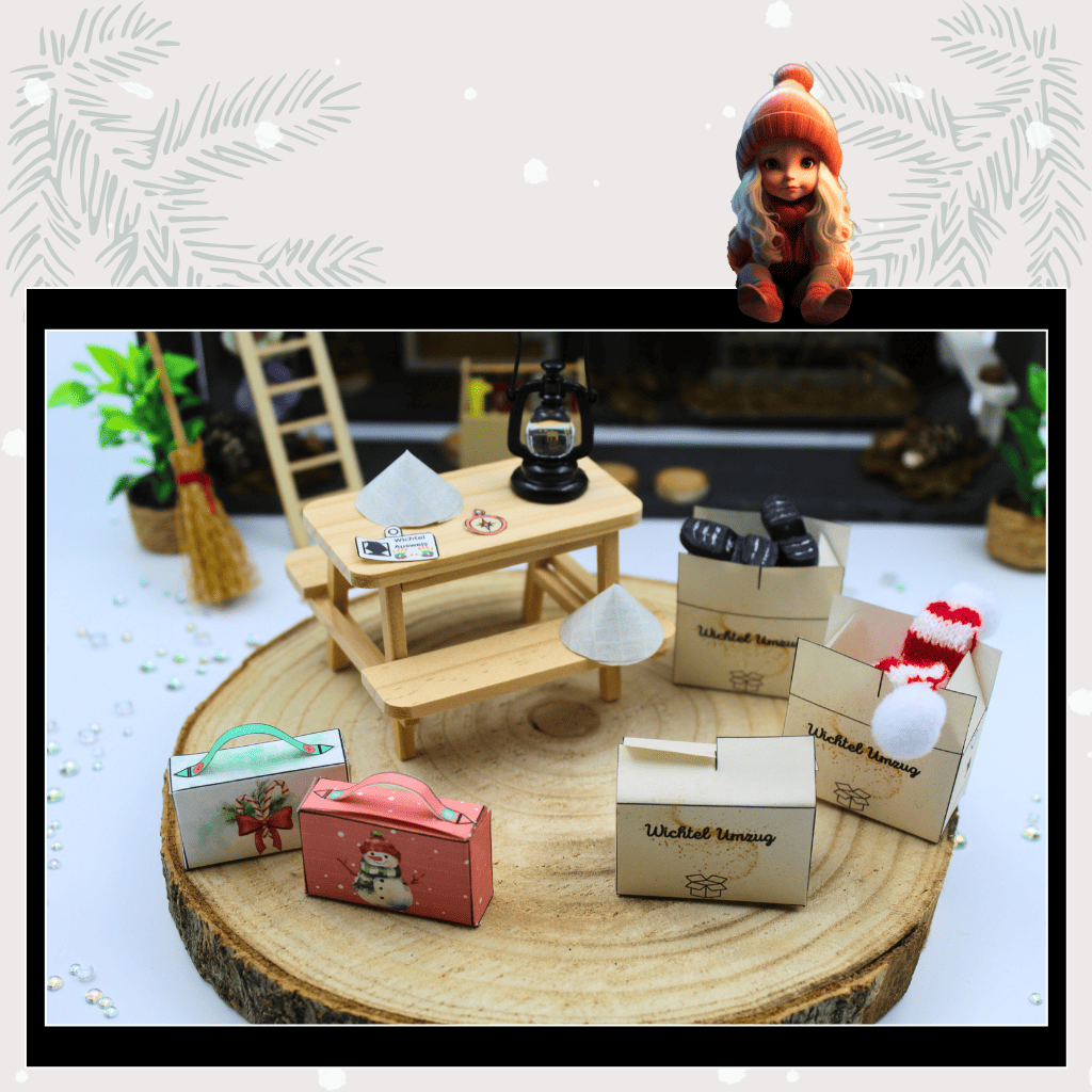 Detailreiche Puppenhaus-Szene mit Wichtel Umzugskoffern, Kartons und Wichtelzubehör – ein zauberhaftes Wichtelset für Weihnachten. Weihnachtswichtel bringen Magie und Freude, ideal für die Gestaltung einer Wichteltür, Adventskalender-Ideen oder Wichtelbriefe.