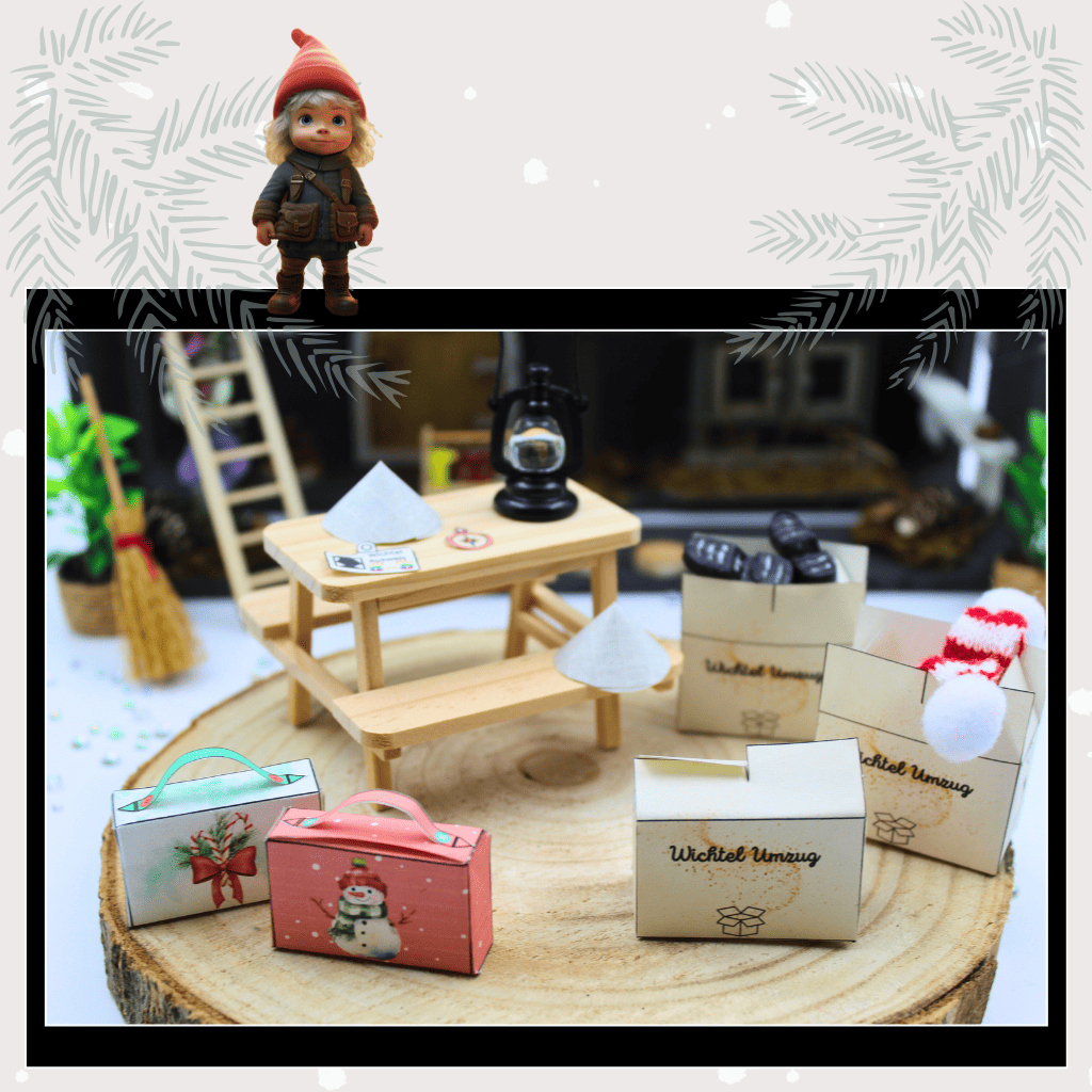 Miniatur-Szene mit Wichtel Zubehör für das Puppenhaus: Weihnachtswichtel zieht mit Koffern, Umzugskartons und Wichtelbriefen in die magische Welt hinter der Wichteltür ein. Perfekt als Adventskalender-Idee, Wichtelset oder liebevolles Wichtel Zubehör zu Weihnachten.