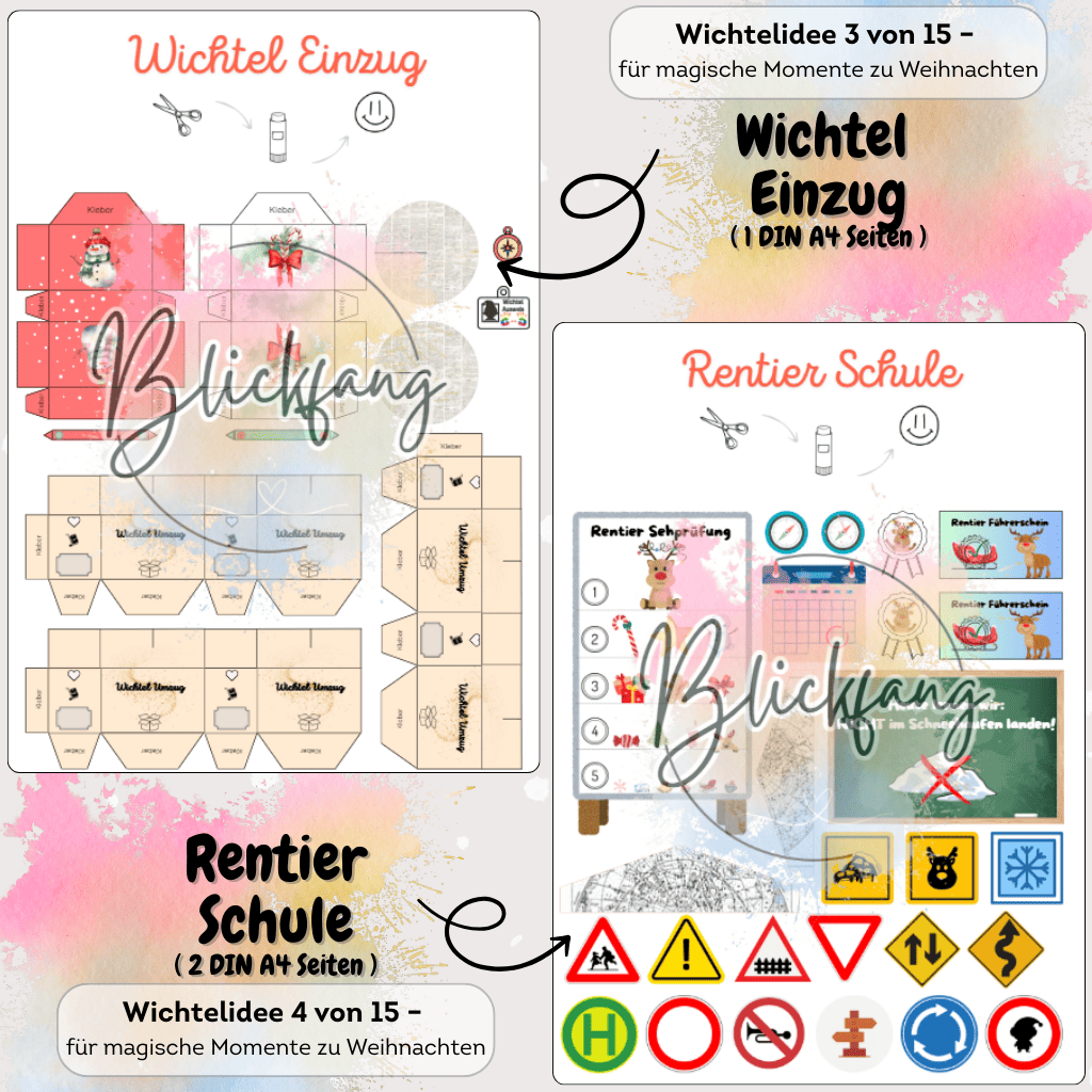 Bastelvorlagen für Wichtel Einzug und Rentier-Schule. Mit Wichtelset-Deko, Wichtelbriefen und Zubehör für Puppenhaus, Adventskalender und Weihnachten mit dem Weihnachtswichtel.