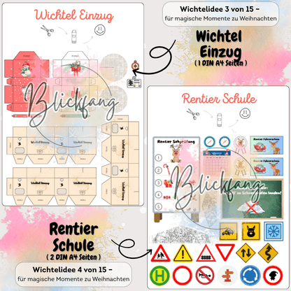 Bastelvorlagen für Wichtel Einzug und Rentier-Schule. Mit Wichtelset-Deko, Wichtelbriefen und Zubehör für Puppenhaus, Adventskalender und Weihnachten mit dem Weihnachtswichtel.