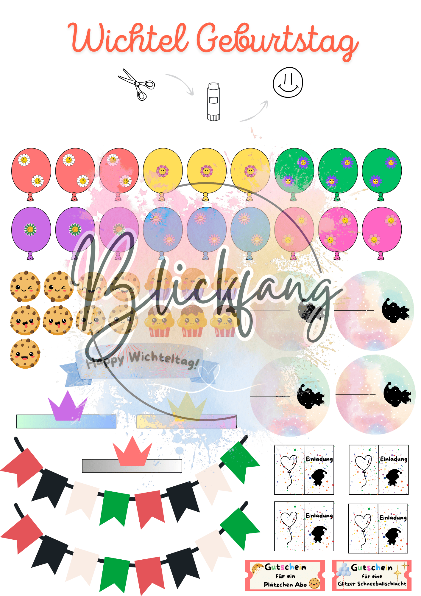 DIY Bastelset für den Wichtel Geburtstag mit Luftballon-Girlanden, Muffins, Cookies, Einladungskarten und bunten Wimpelketten – ideal für die magische Geburtstagsfeier deines Wichtels