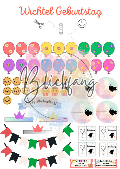 DIY Bastelset für den Wichtel Geburtstag mit Luftballon-Girlanden, Muffins, Cookies, Einladungskarten und bunten Wimpelketten – ideal für die magische Geburtstagsfeier deines Wichtels