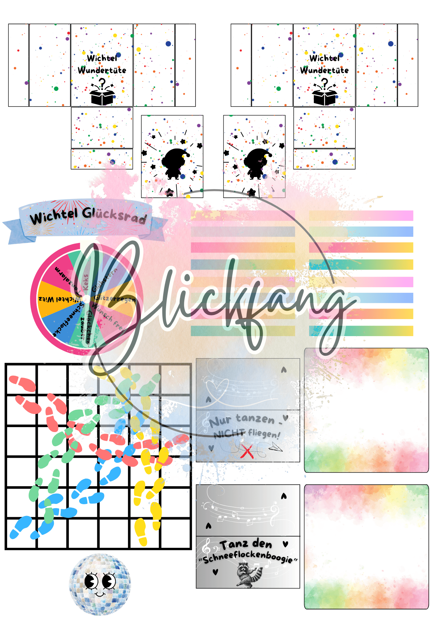 Buntes DIY Wichtel Geburtstagspaket mit Wundertüten, Glücksrad, Tanzanleitung, Fußabdruck-Spiel und kreativen Party-Schildern – perfekt für eine magische Wichtel-Party zu Hause