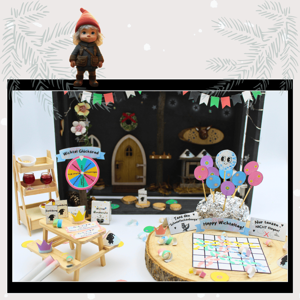 Ein festlich dekoriertes Puppenhaus mit Wichteltür, buntem Wichtel Glücksrad und liebevollem Wichtelzubehör für eine magische Weihnachtsfeier. Perfekt als Wichtelset für Adventskalender, Wichtelbriefe und kreative Überraschungen.