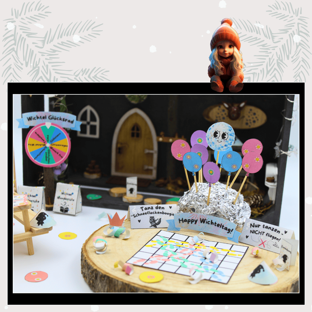 Detailaufnahme eines Wichtelgeburtstags im Puppenhaus: Luftballons, Konfetti und Schilder sorgen für Magie und Weihnachtsstimmung. Ideal als Wichtelzubehör für kreative Wichtel Sets, Wichteltür-Szenen und Adventsideen.