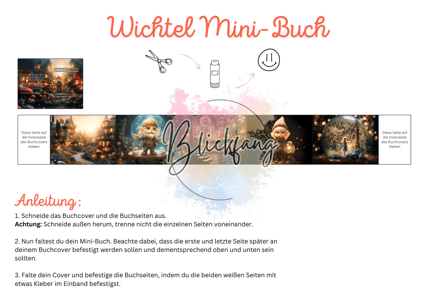 DIY Bastelvorlage für ein Wichtel Mini-Buch zum Ausdrucken und Falten mit liebevollen Wichtel-Illustrationen und Anleitung für Kinder