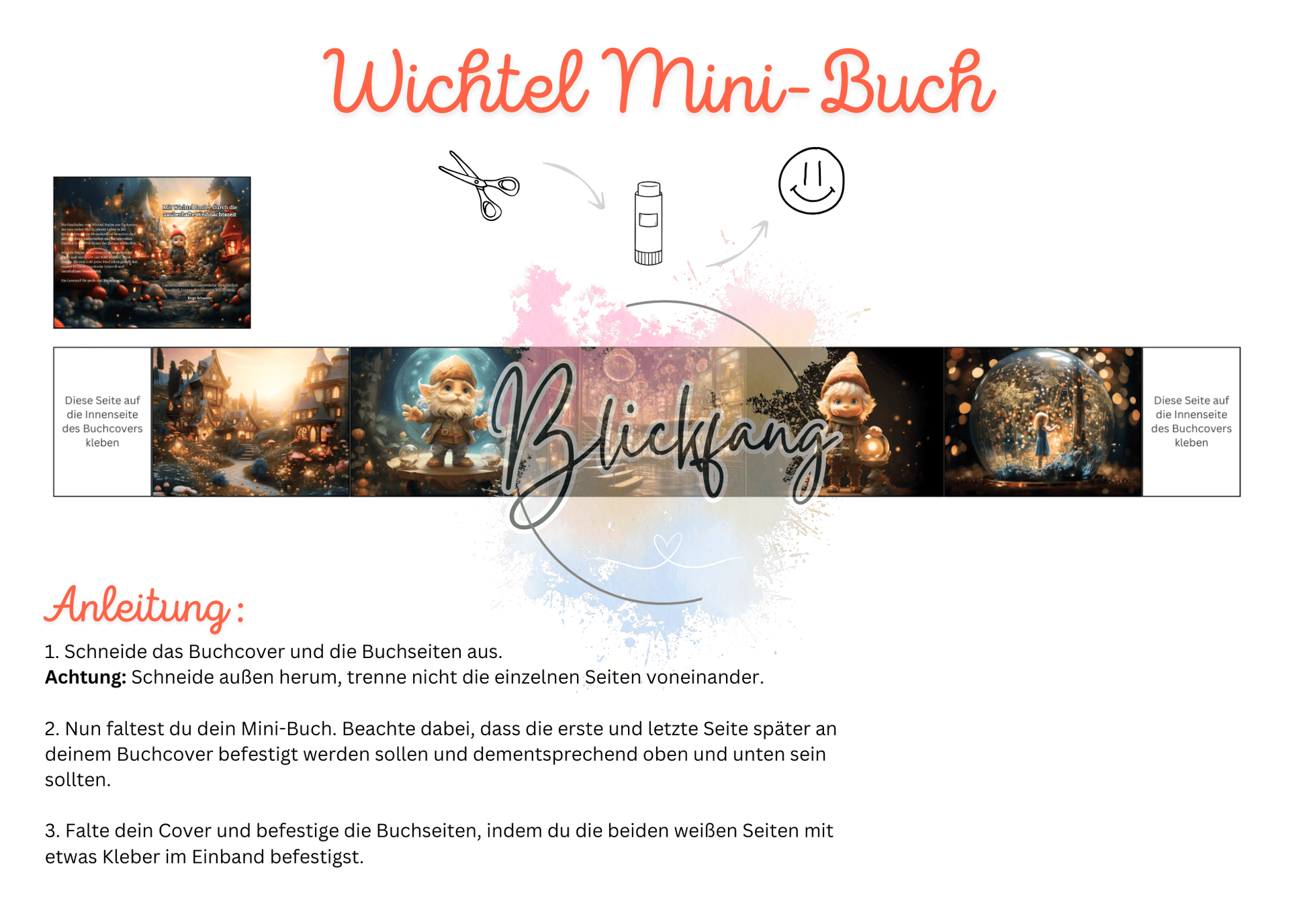 DIY Bastelvorlage für ein Wichtel Mini-Buch zum Ausdrucken und Falten mit liebevollen Wichtel-Illustrationen und Anleitung für Kinder