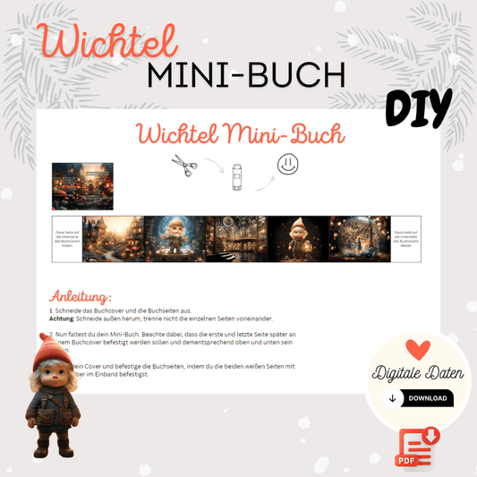 Titelbild des Wichtel Mini-Buchs als kreative DIY Bastelidee für Kinder mit niedlichem Wichtelmotiv und PDF Download-Option
