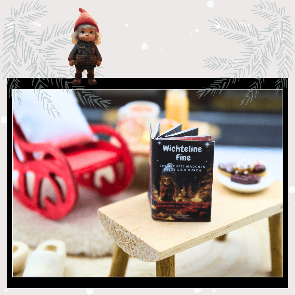 Ein Miniaturbuch „Wichteline Fine“ liegt auf einem kleinen Tisch vor einer roten Schaukel im Puppenhaus. Daneben stehen Schokoladenleckereien, Holzschuhe und eine gemütliche Szene voller Magie. Dieses liebevoll gestaltete Wichtelset bringt die Welt der Weihnachtswichtel, Wichtelbriefe und der geheimnisvollen Wichteltür direkt ins Puppenhaus und verzaubert als besonderes Wichtelzubehör für Weihnachten, Adventskalender und kreative Wichtel Sets.