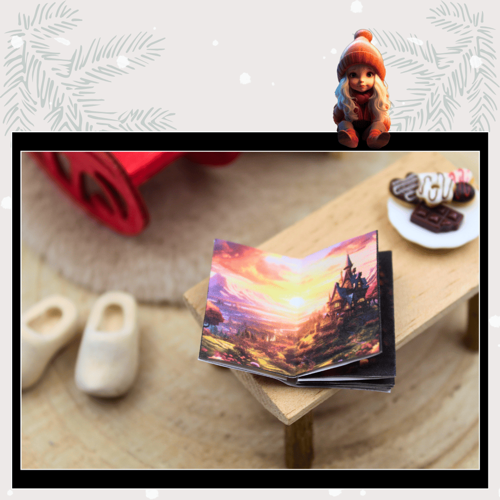 Geöffnetes Miniaturbuch mit einer farbenprächtigen Illustration eines märchenhaften Schlosses im Sonnenuntergang, präsentiert im Puppenhaus auf einem Tisch mit süßen Leckereien. Die Szene lädt ein zu Weihnachten voller Magie, Geschichten und Wichtelabenteuer. Ideal als Wichtelzubehör, um Wichtelbriefe, Wichtel Briefpapier oder ein komplettes Wichtelset mit Wichteltür und Weihnachtswichtel zu ergänzen.